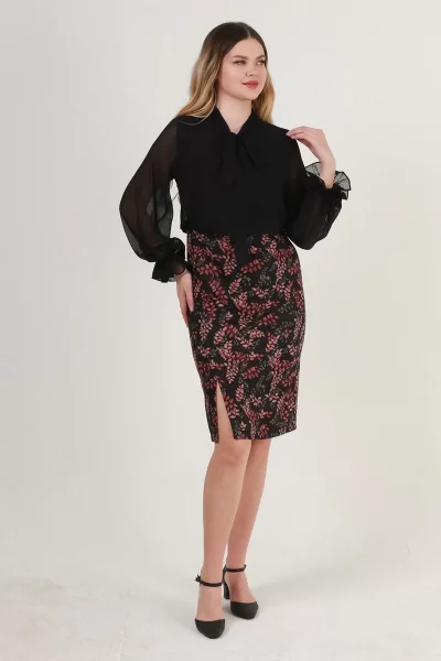 Bağlama Ve Yırtmaç Detaylı Büyük Beden Elbise 1790-Siyah