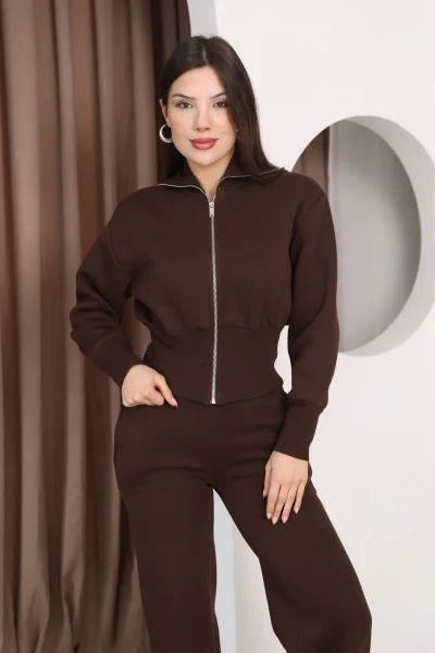 Basic Fermuarlı İkili Takım 5001-Kahverengi