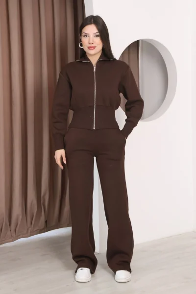 Basic Fermuarlı İkili Takım 5001-Kahverengi