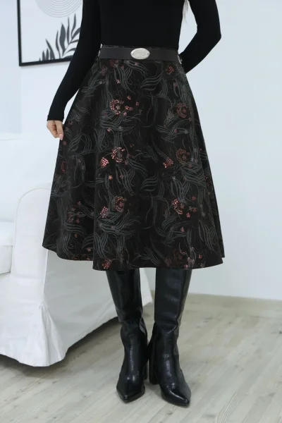 Baskılı ve Kemerli Kadife Etek 6069-Kahve/Çağla