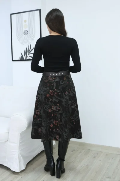 Baskılı ve Kemerli Kadife Etek 6069-Kahve/Çağla