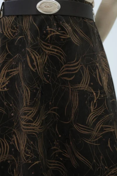 Baskılı ve Kemerli Kadife Etek 6069-Kahve/Camel