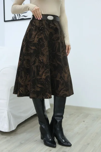 Baskılı ve Kemerli Kadife Etek 6069-Kahve/Camel