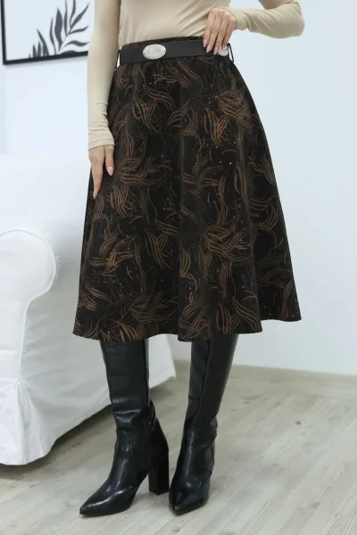 Baskılı ve Kemerli Kadife Etek 6069-Kahve/Camel