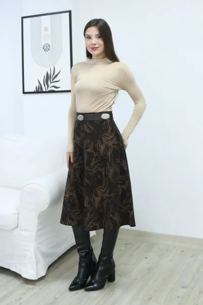 Baskılı ve Kemerli Kadife Etek 6069-Kahve/Camel
