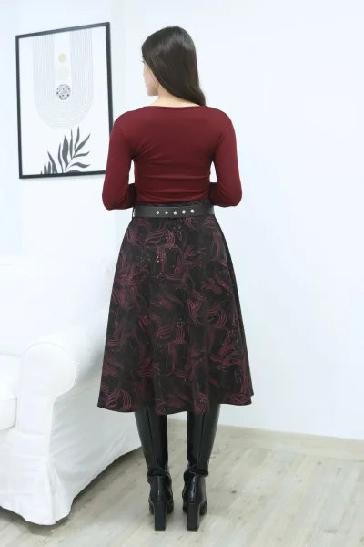 Baskılı ve Kemerli Kadife Etek 6069-Kahve/Fuşya