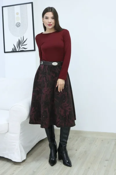 Baskılı ve Kemerli Kadife Etek 6069-Kahve/Fuşya