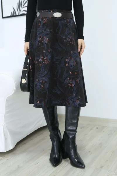 Baskılı ve Kemerli Kadife Etek 6069-Kahve/İndigo