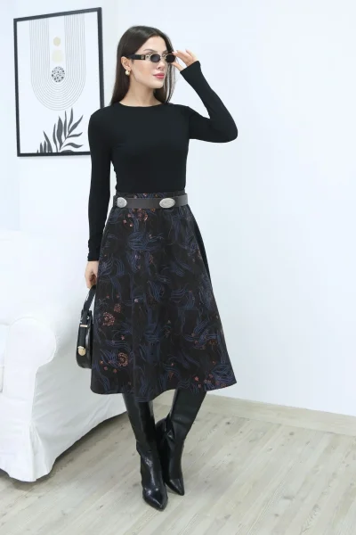 Baskılı ve Kemerli Kadife Etek 6069-Kahve/İndigo