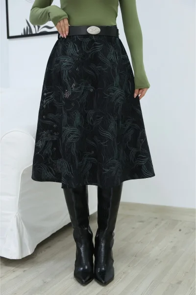 Baskılı ve Kemerli Kadife Etek 6069-Siyah/Çağla