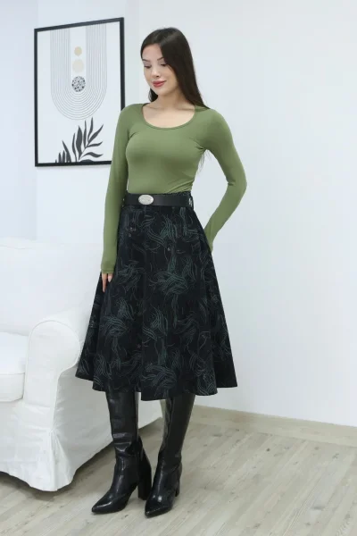 Baskılı ve Kemerli Kadife Etek 6069-Siyah/Çağla