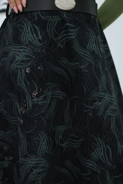 Baskılı ve Kemerli Kadife Etek 6069-Siyah/Çağla