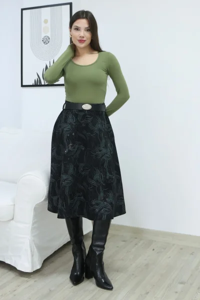 Baskılı ve Kemerli Kadife Etek 6069-Siyah/Çağla