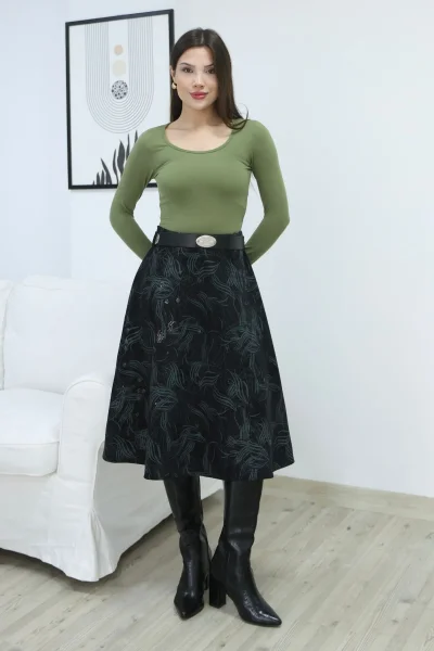 Baskılı ve Kemerli Kadife Etek 6069-Siyah/Çağla