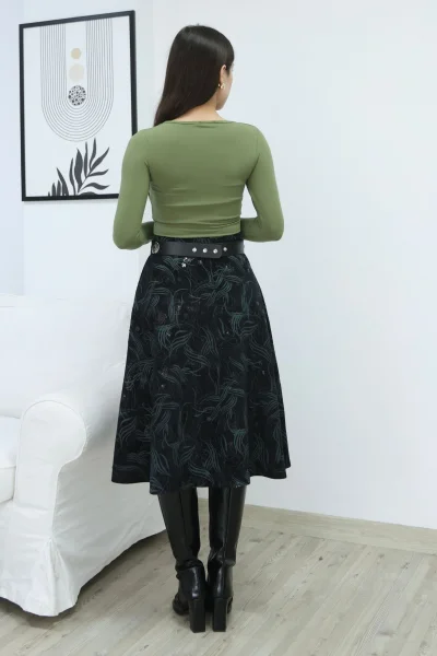 Baskılı ve Kemerli Kadife Etek 6069-Siyah/Çağla