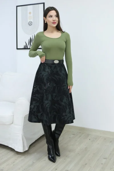 Baskılı ve Kemerli Kadife Etek 6069-Siyah/Çağla