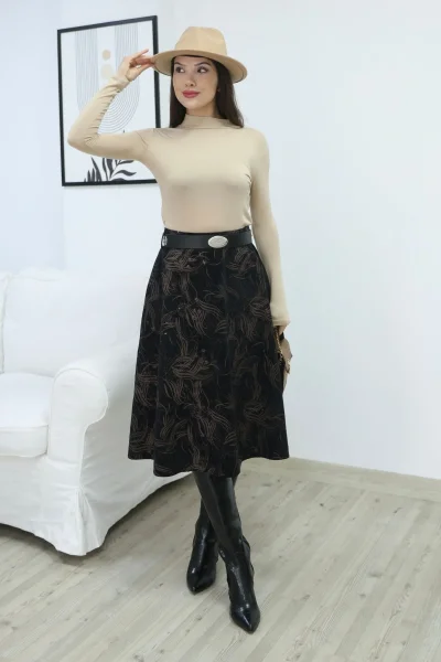 Baskılı ve Kemerli Kadife Etek 6069-Siyah/Camel