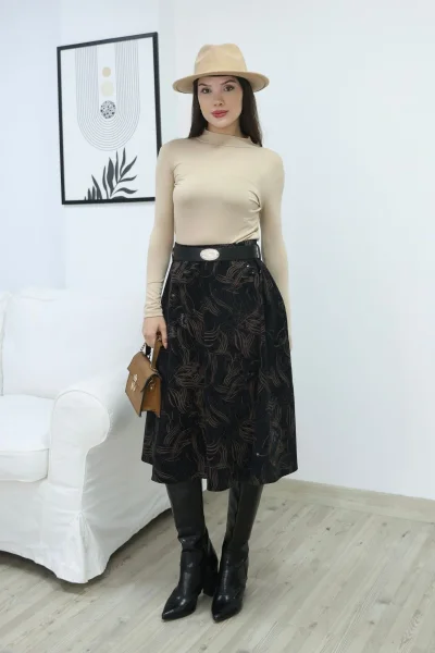 Baskılı ve Kemerli Kadife Etek 6069-Siyah/Camel