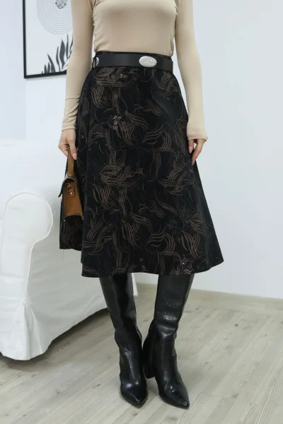 Baskılı ve Kemerli Kadife Etek 6069-Siyah/Camel