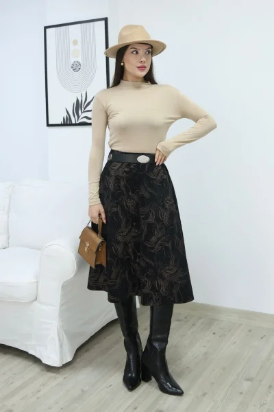 Baskılı ve Kemerli Kadife Etek 6069-Siyah/Camel