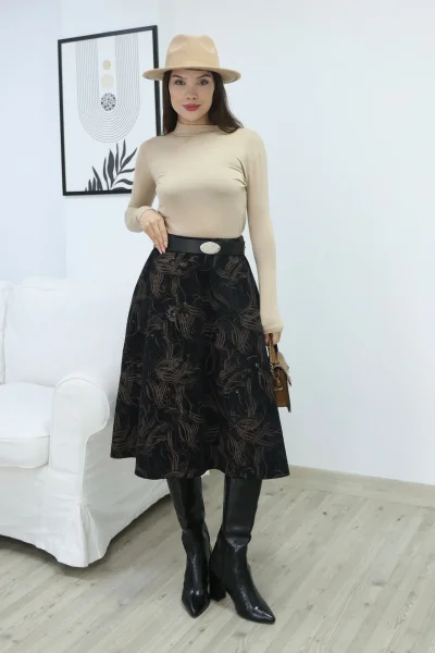 Baskılı ve Kemerli Kadife Etek 6069-Siyah/Camel