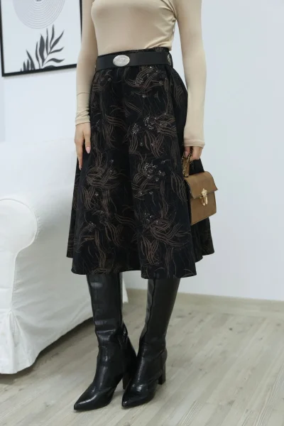 Baskılı ve Kemerli Kadife Etek 6069-Siyah/Camel