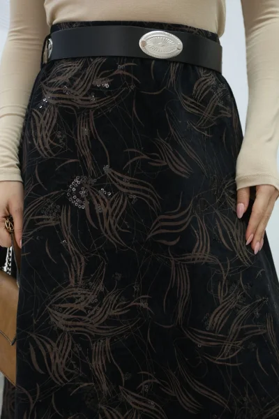 Baskılı ve Kemerli Kadife Etek 6069-Siyah/Camel