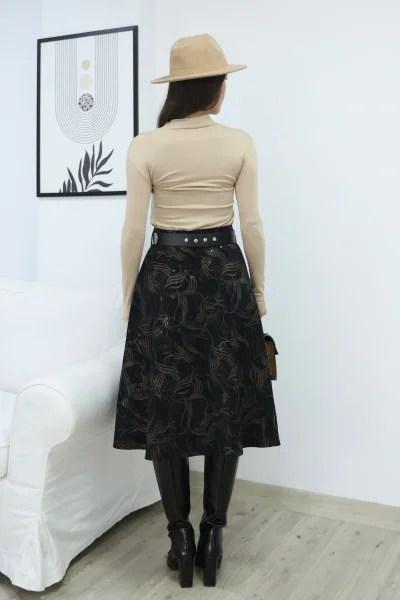 Baskılı ve Kemerli Kadife Etek 6069-Siyah/Camel