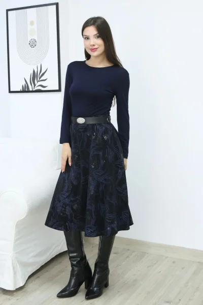 Baskılı ve Kemerli Kadife Etek 6069-Siyah/İndigo