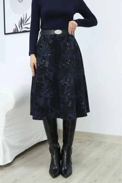 Baskılı ve Kemerli Kadife Etek 6069-Siyah/İndigo