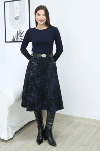 Baskılı ve Kemerli Kadife Etek 6069-Siyah/İndigo