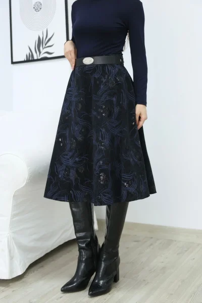 Baskılı ve Kemerli Kadife Etek 6069-Siyah/İndigo
