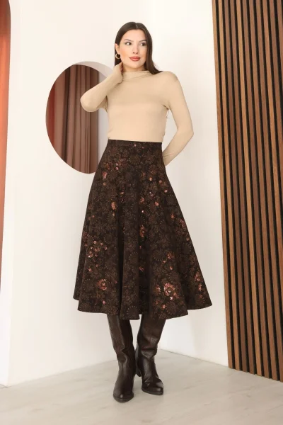 Baskılı ve Payetli Kadife Kloş Etek 6070-Kahve/Camel