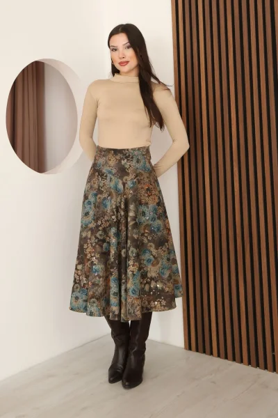 Baskılı ve Payetli Kadife Kloş Etek 6070-Kahve/Çok Renkli