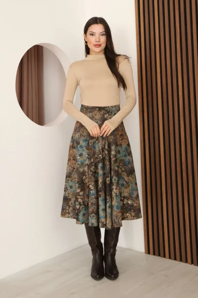Baskılı ve Payetli Kadife Kloş Etek 6070-Kahve/Çok Renkli