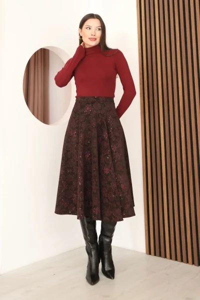 Baskılı ve Payetli Kadife Kloş Etek 6070-Kahve/Fuşya