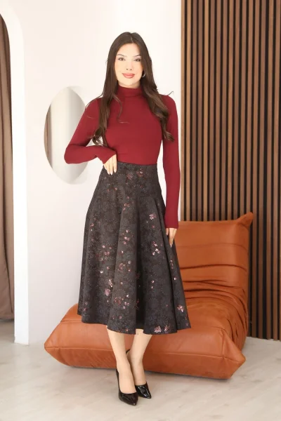 Baskılı ve Payetli Kadife Kloş Etek 6070-Kahve/İndigo