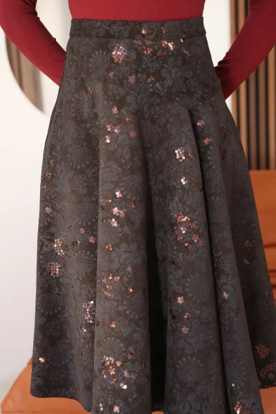 Baskılı ve Payetli Kadife Kloş Etek 6070-Kahve/İndigo