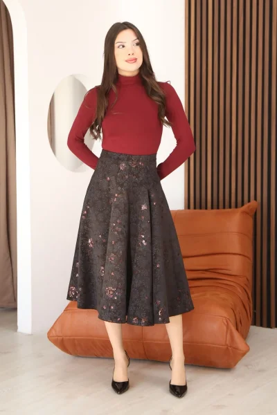 Baskılı ve Payetli Kadife Kloş Etek 6070-Kahve/İndigo