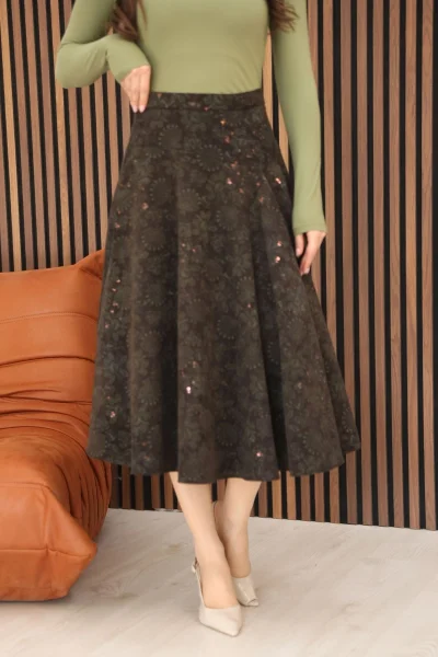 Baskılı ve Payetli Kadife Kloş Etek 6070-Kahve/Yeşil