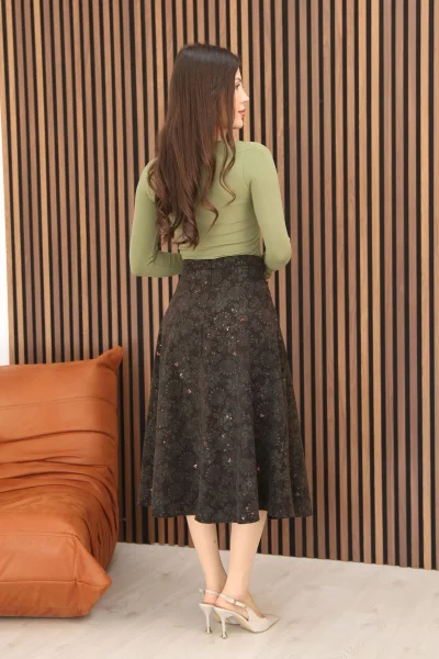 Baskılı ve Payetli Kadife Kloş Etek 6070-Kahve/Yeşil