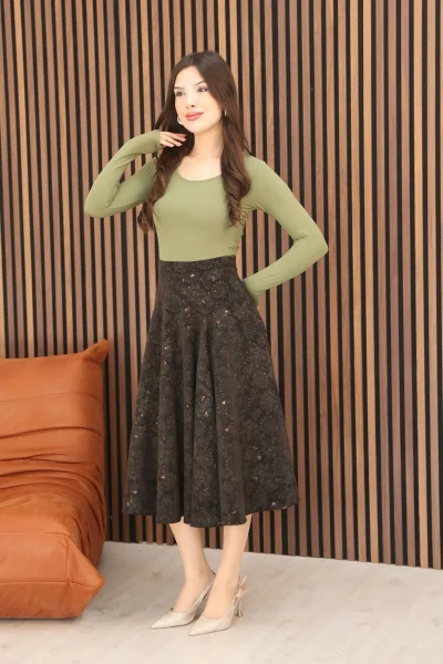 Baskılı ve Payetli Kadife Kloş Etek 6070-Kahve/Yeşil