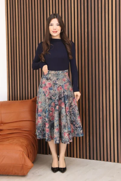 Baskılı ve Payetli Kadife Kloş Etek 6070-Lacivert/Çok Renkli