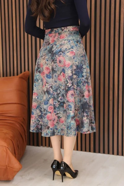 Baskılı ve Payetli Kadife Kloş Etek 6070-Lacivert/Çok Renkli