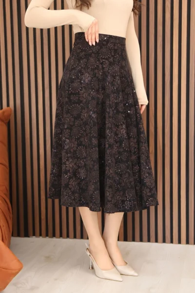 Baskılı ve Payetli Kadife Kloş Etek 6070-Lacivert/Kahve