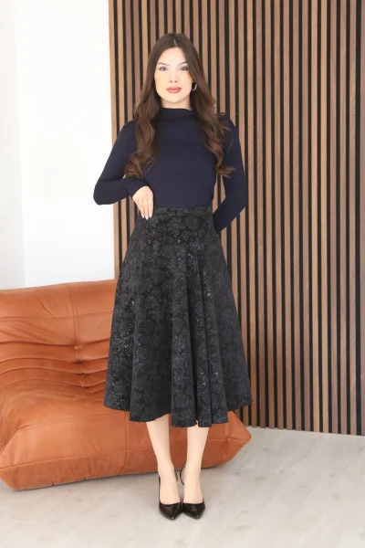 Baskılı ve Payetli Kadife Kloş Etek 6070-Siyah/Çağla