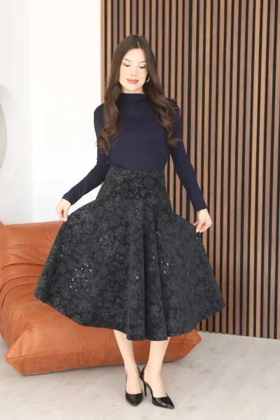Baskılı ve Payetli Kadife Kloş Etek 6070-Siyah/Çağla
