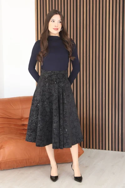 Baskılı ve Payetli Kadife Kloş Etek 6070-Siyah/Çağla