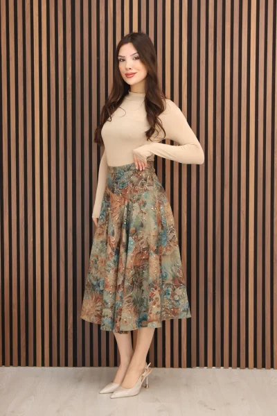 Baskılı ve Payetli Kadife Kloş Etek 6070-Taba/Çok Renkli