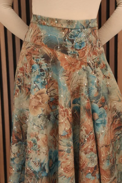 Baskılı ve Payetli Kadife Kloş Etek 6070-Taba/Çok Renkli